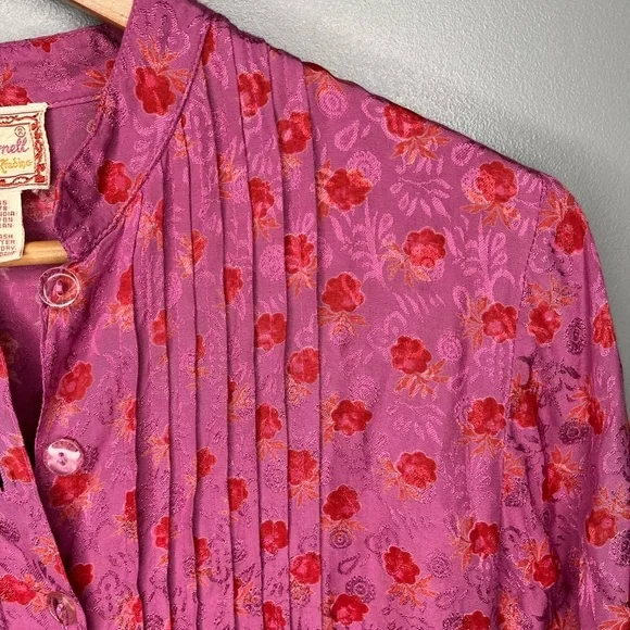 April Cornell x Vintage 90s Berry Floral Satin Prairie Button Midi Dress - Picture 7 of 10